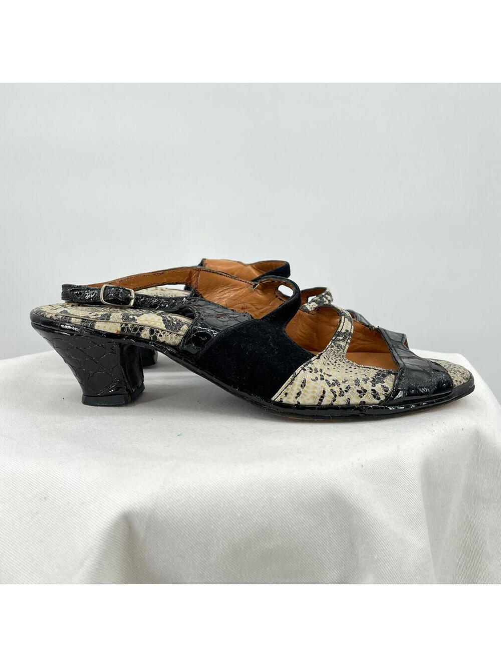 Women's Handmade Kid Leather and Python Slip-On Gray Black Cream Sandals 36.5/6